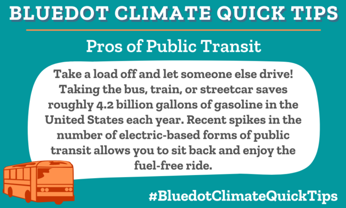 Climate Quick Tip: Pros of Public Transit Take a load off and let someone else drive! Taking the bus, train, or streetcar saves roughly 4.2 billion gallons of gasoline in the United States each year. Recent spikes in the number of electric-based forms of public transit allows you to sit back and enjoy the fuel-free ride. Learn how public transportation reduces greenhouse gas emissions.